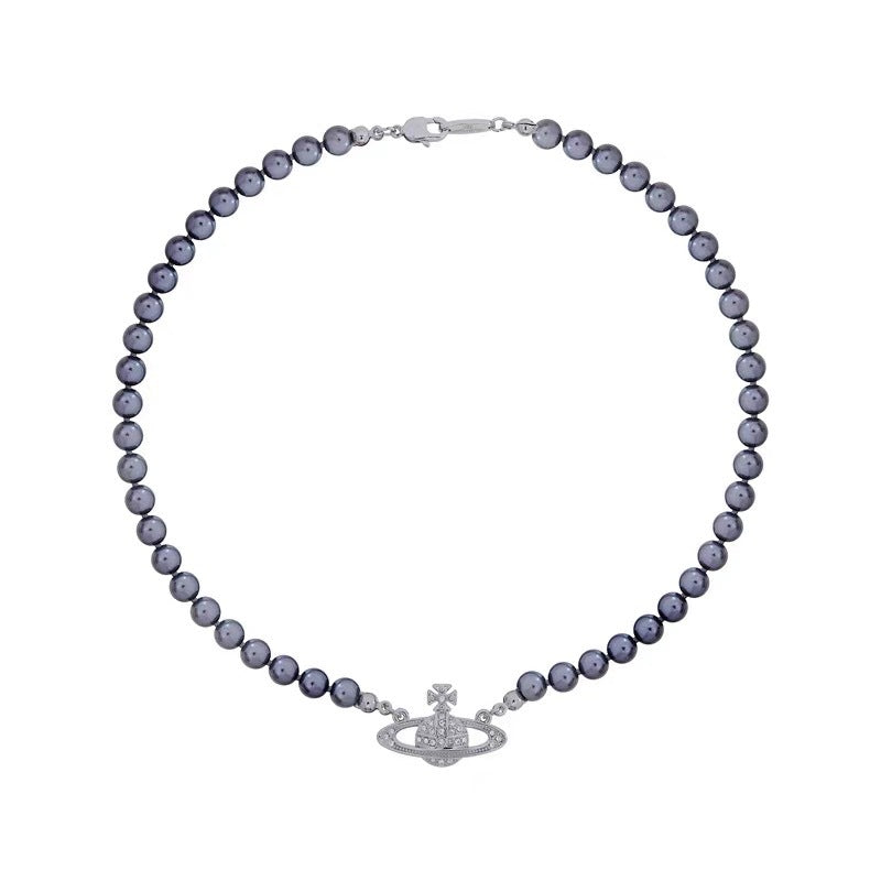 Replica Vivienne Westwood Saturn Pendant Grey Pearl Necklace