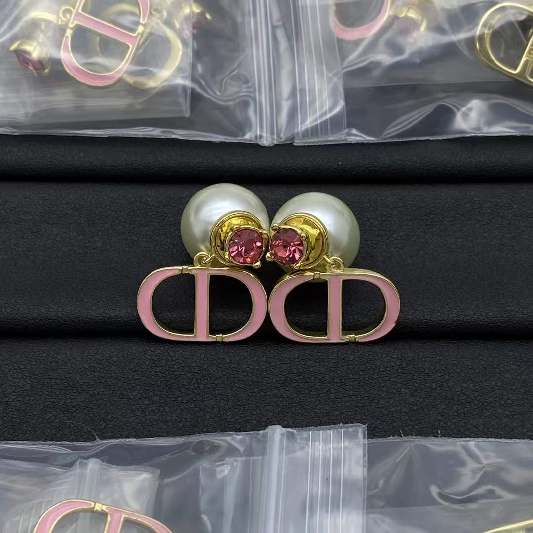 Replica Dior Pink Enamel Pink Diamond Pearl Earrings