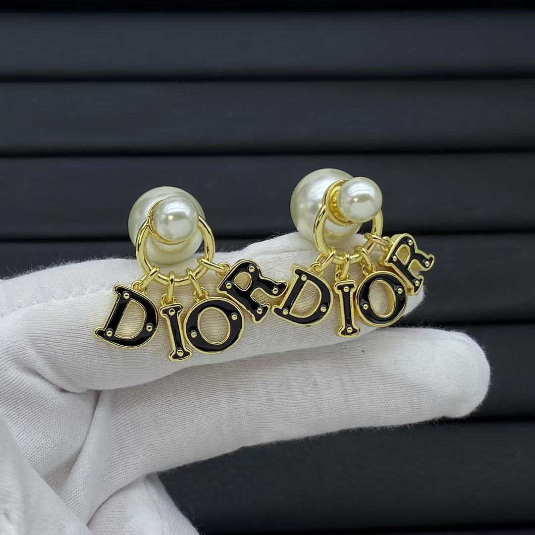 Replica Black Enamel Dior Dangle Pearl Earrings