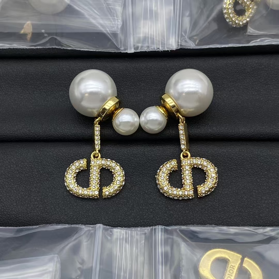 Replica Dior Diamond CD Dangle Pearl Earrings