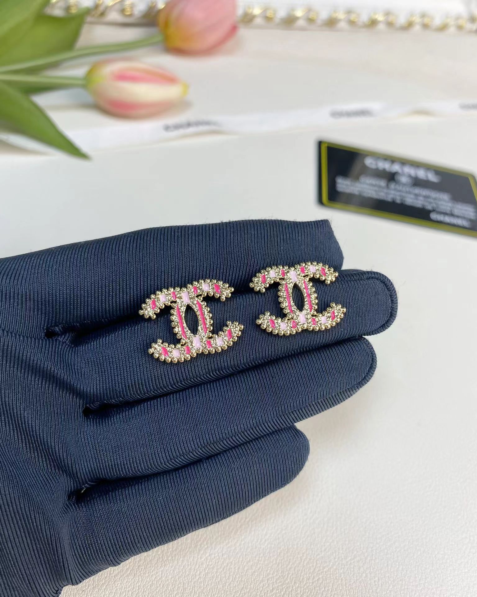 Replica Chanel Enamel Pink Double C Earrings