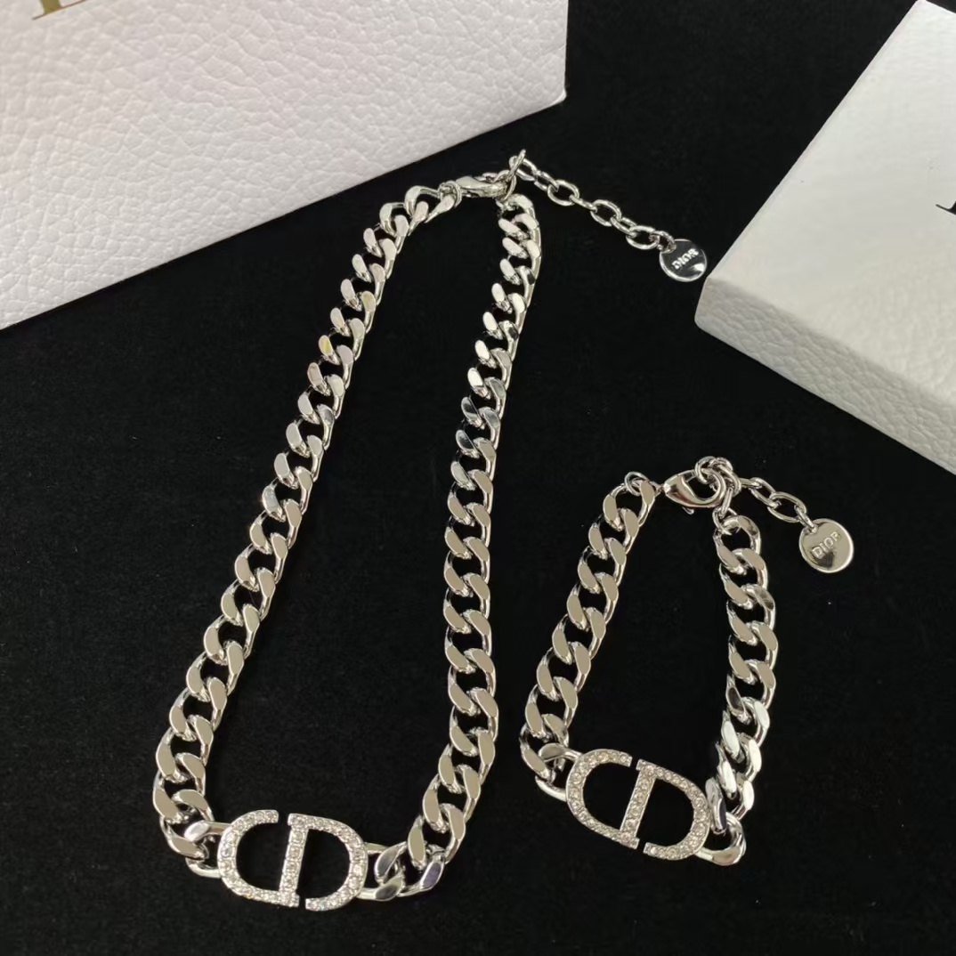 Replica Dior Chunky Silver Cuban Chain CD Necklace Bracelet