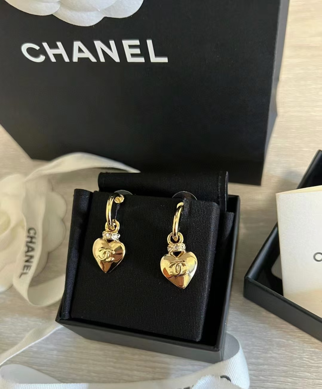 Replica Chanel Gold Hoop with Heart Dangle Earrings