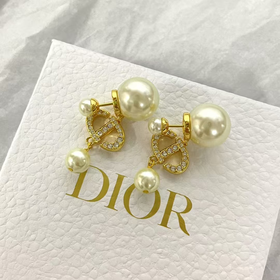 Replica Dior Diamond CD Pearl Drop Earrings