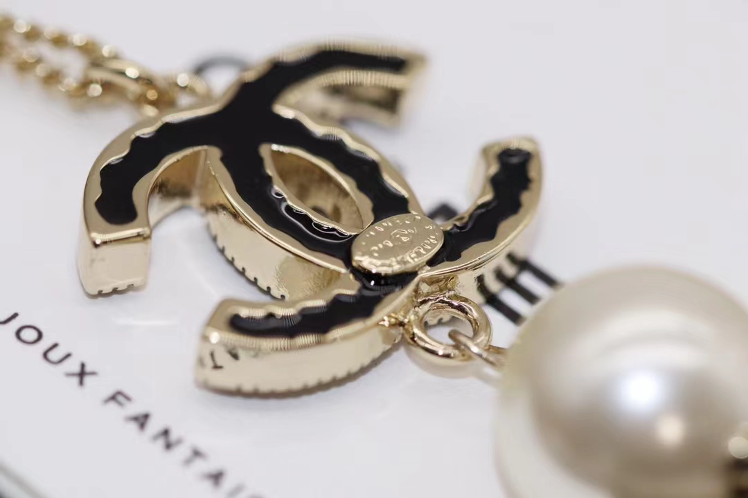 Replica Chanel Black Double C Pearl Drop Pendant Necklace