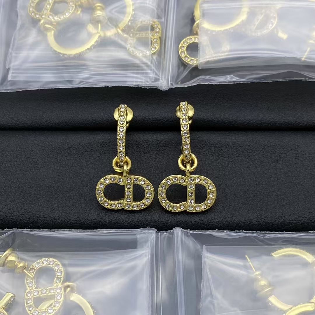 Replica Dior Diamond Paved Gold CD Drop Earring