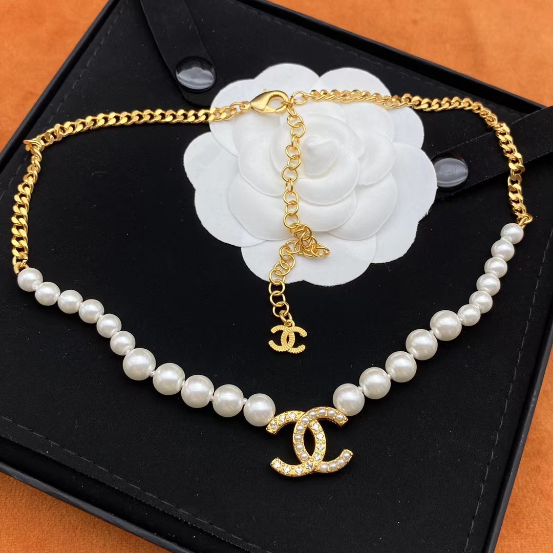 replica Chanel Half Pearl Half Chain Double C Pendant Necklace