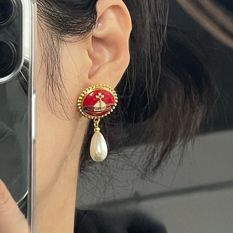 Replica Vivienne Westwood Enamel Saturn Waterdrop Pearl Earrings