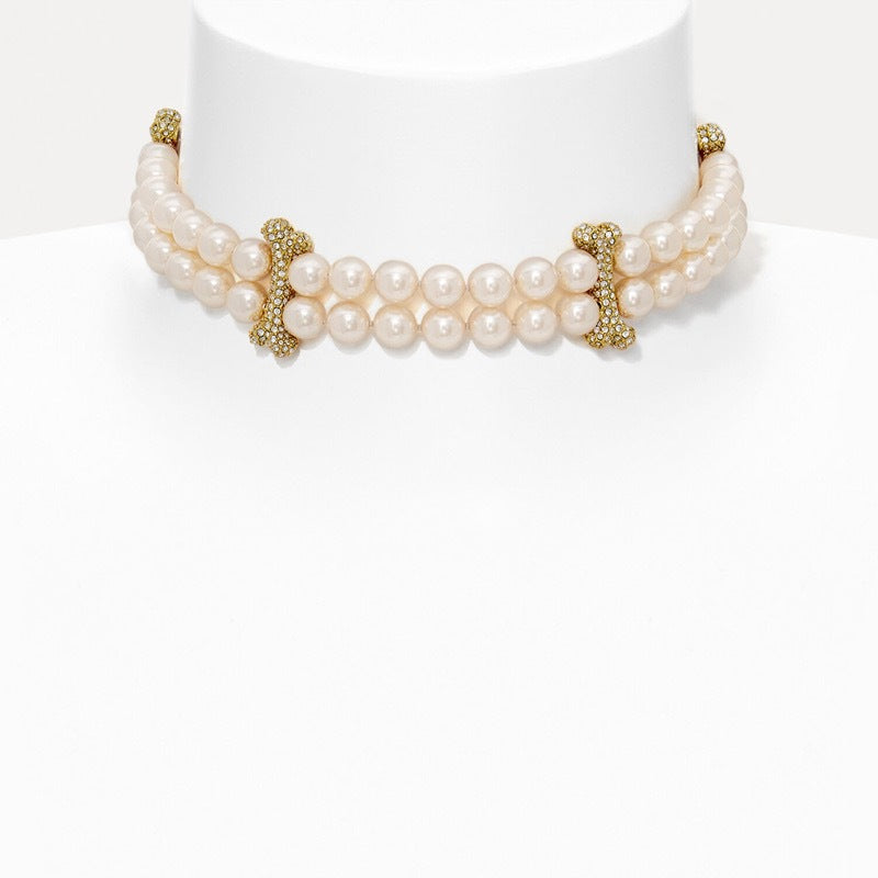 Replica Vivienne Westwood 2 Row Bone Inlay Diamond Mixing Pearl Necklace