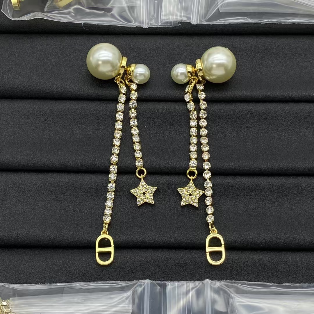 Replica Dior Rhinestone Tassel Pearl Earrings