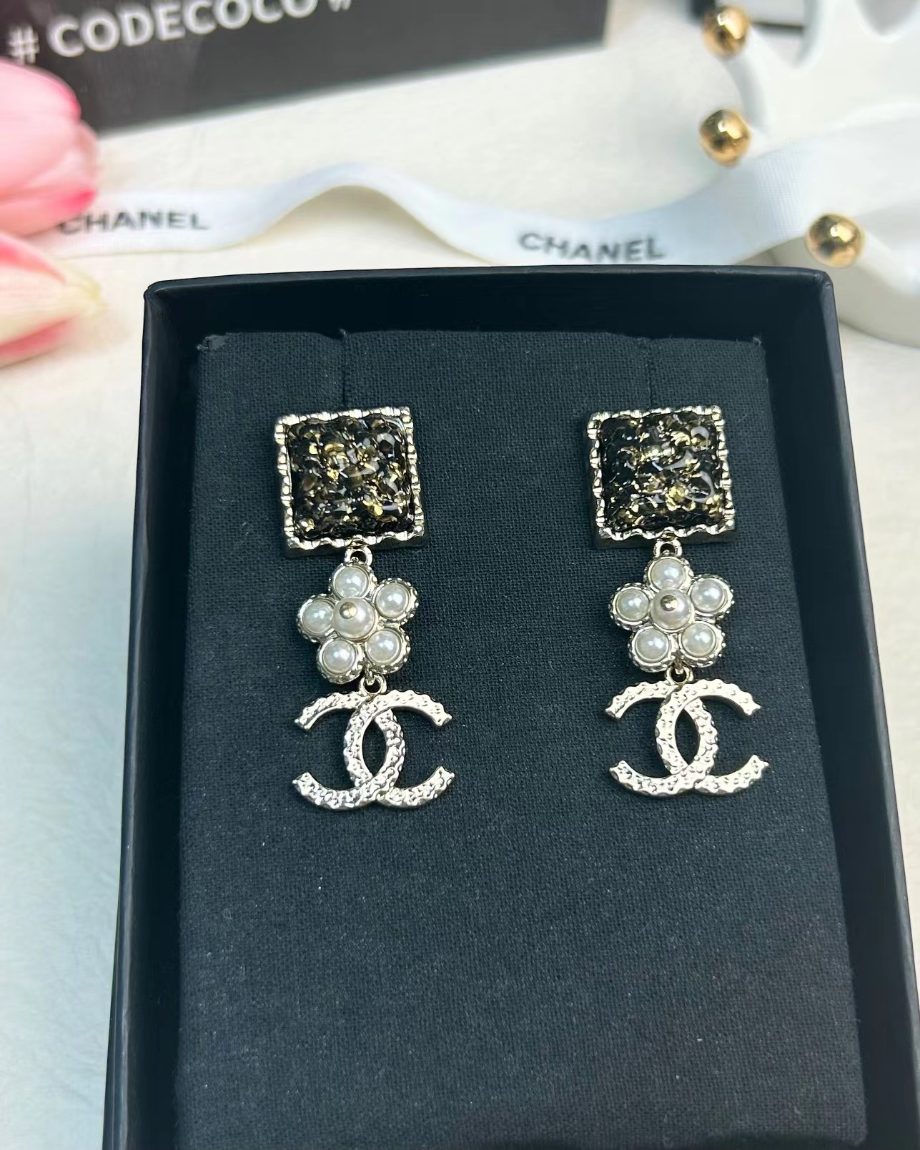 Replica Chanel Pearl Flower Double C Dangle Earrings