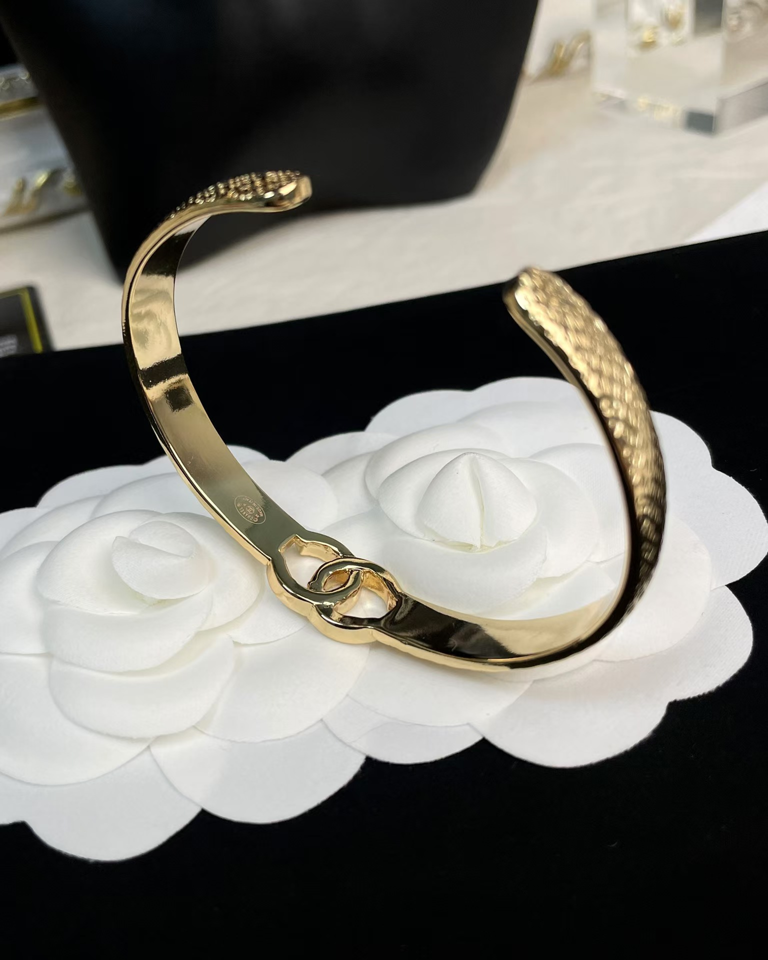 Replica Chanel Hollow Diamond Paved Double C Open Bangle Bracelet