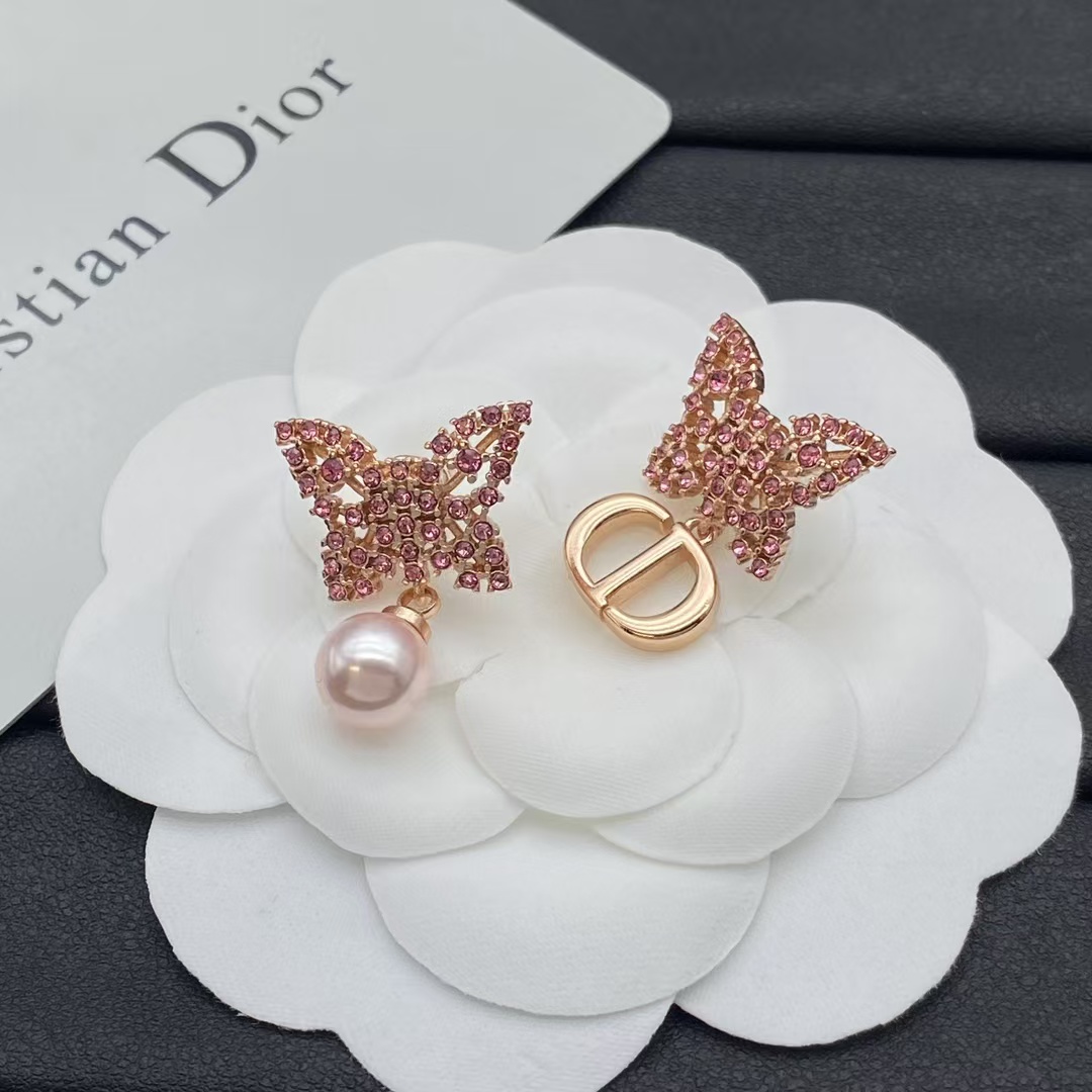 Replica Dior Asymmetric Rose Gold-Finish Pink Butterfly Earrings