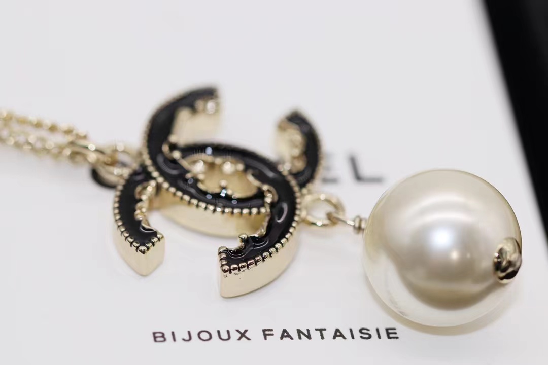 Replica Chanel Black Double C Pearl Drop Pendant Necklace