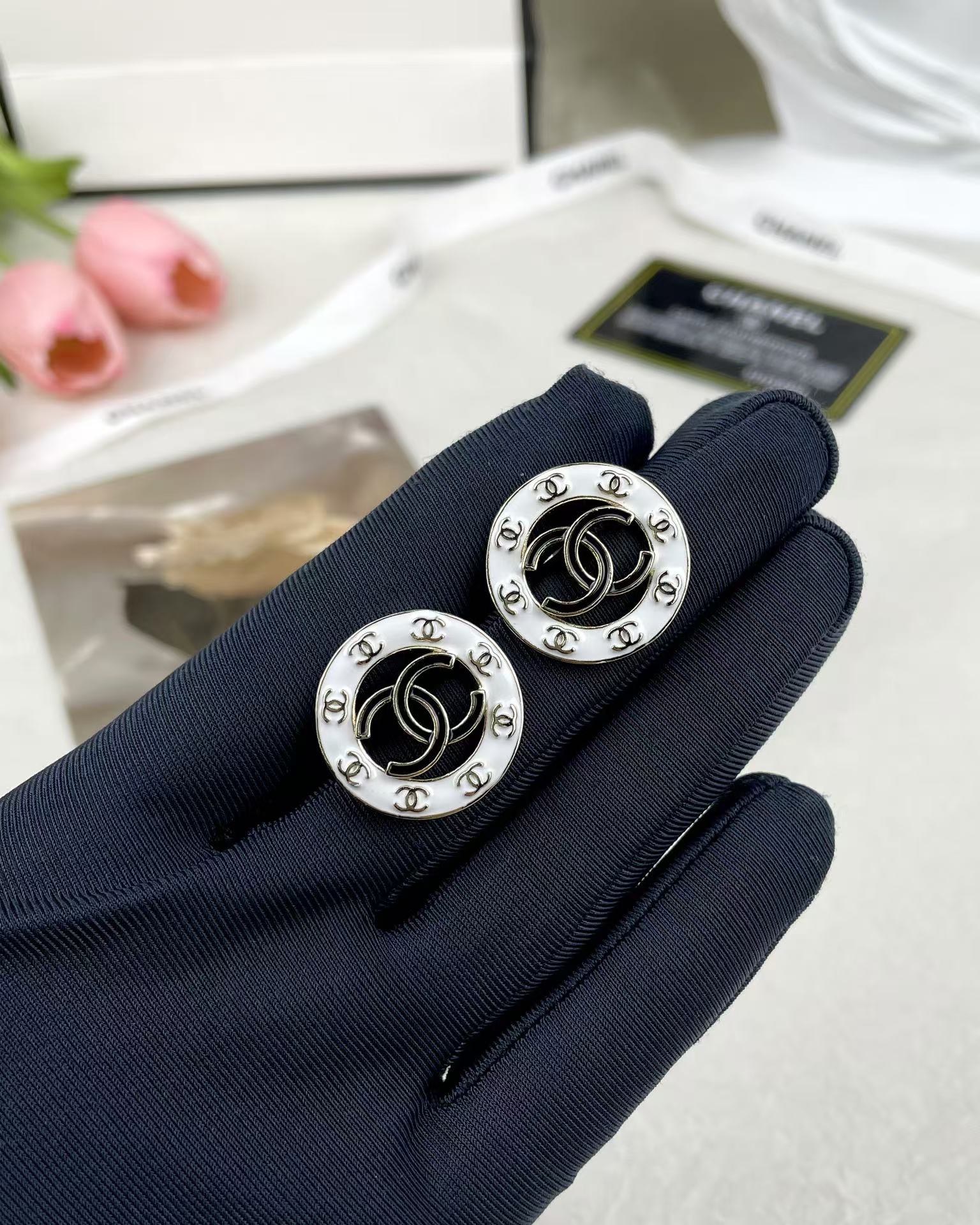 Replica Chanel Round White and Black Enamel Stud Earrings