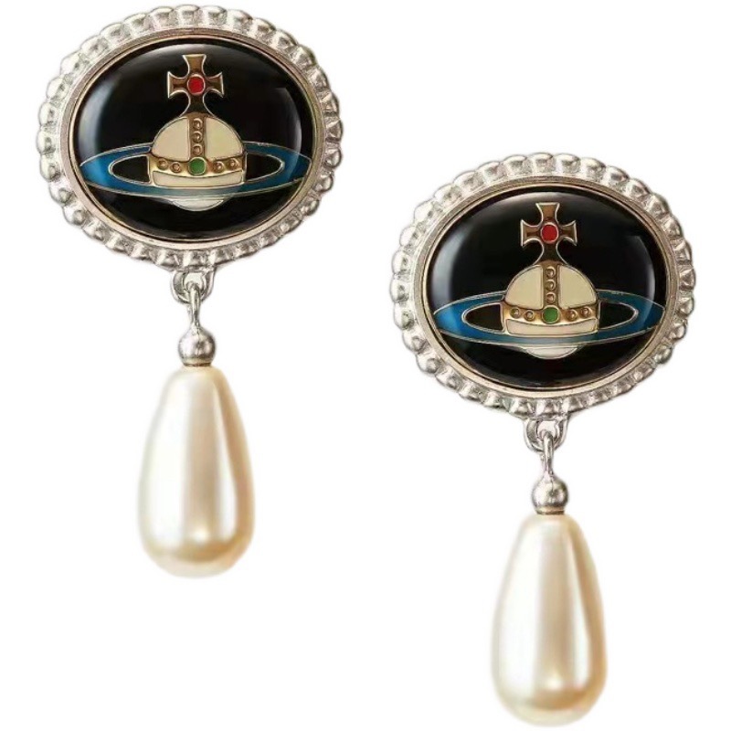 Replica Vivienne Westwood Enamel Saturn Waterdrop Pearl Earrings