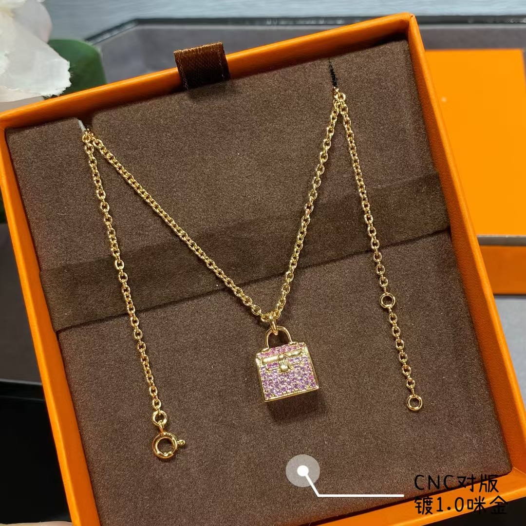 Replica Hermes Diamond Paved Bag Pendant Necklace
