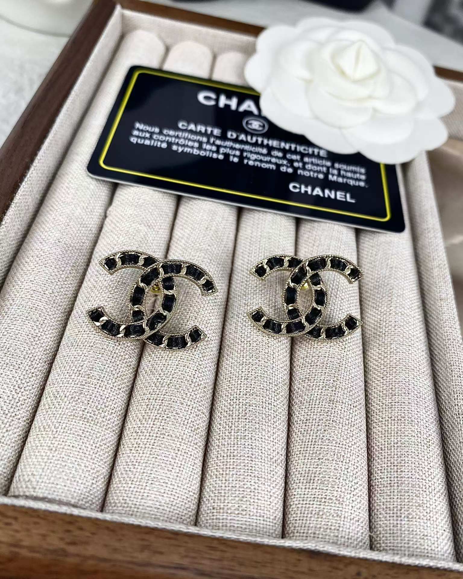 Replica Chanel Black Leather Double C Earrings