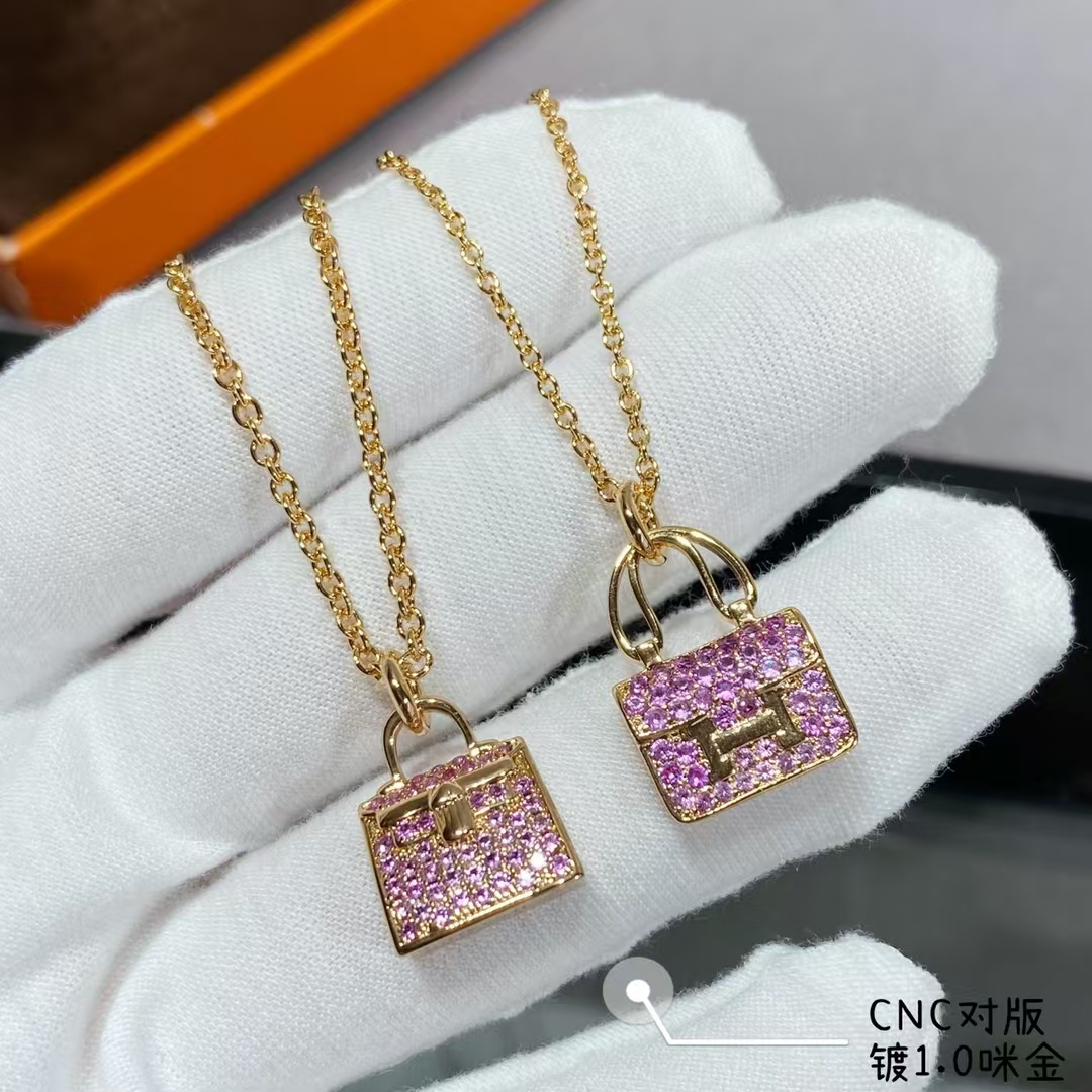 Replica Hermes Diamond Paved Bag Pendant Necklace