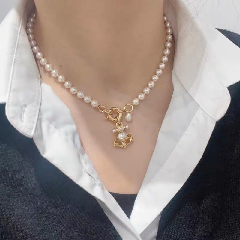 Replica Vivienne Westwood Anchor Saturn Pendant Pearl Necklace