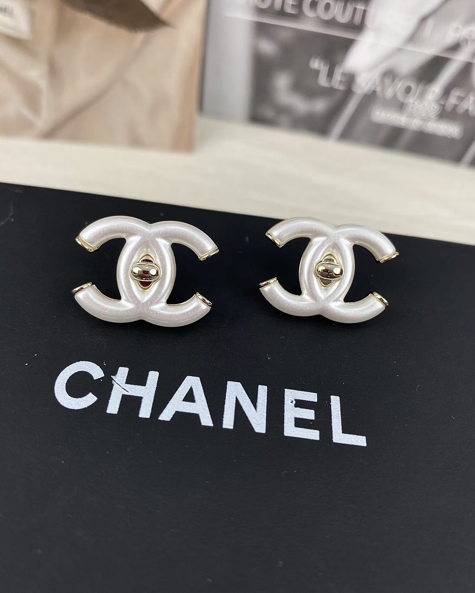 Replica Chanel White Double C Stud Earrings