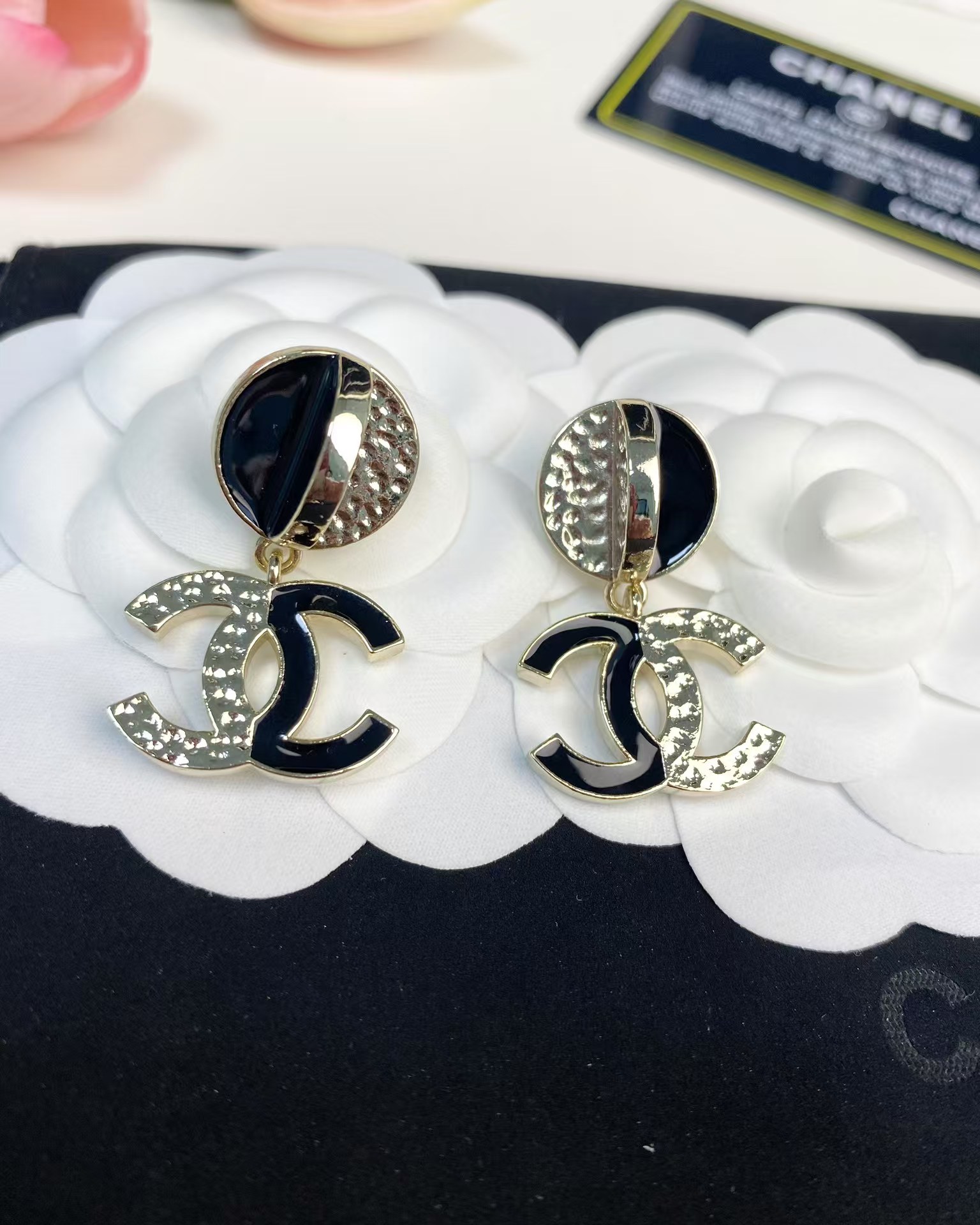 Replica Chanel Half Black Enamel Double C Dangle Earrings