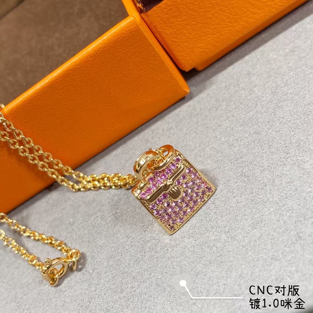 Replica Hermes Diamond Paved Bag Pendant Necklace
