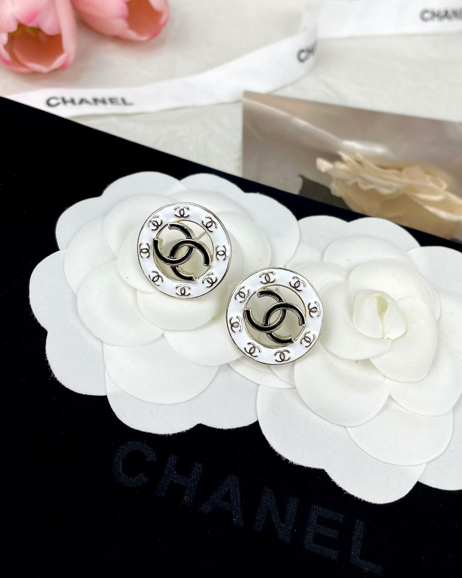 Replica Chanel Round White and Black Enamel Stud Earrings