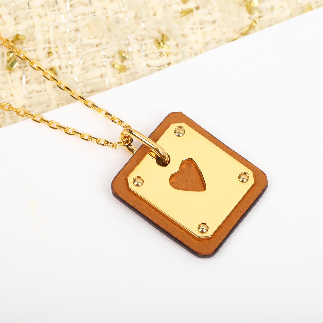 Replica Hermes Cowhide Leather Square Tag Necklace