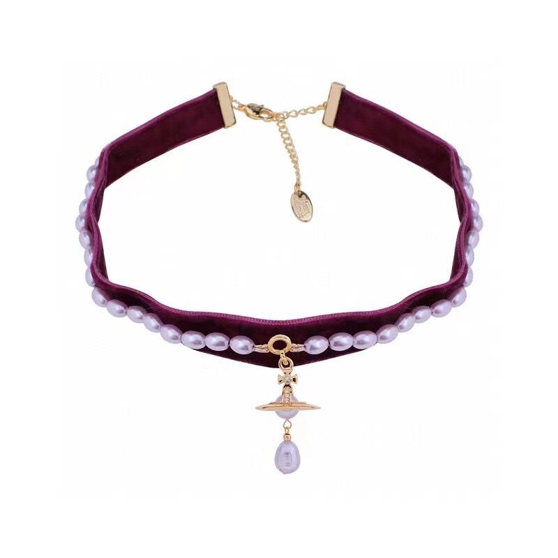 Replica Vivienne Westwood Ribbon Saturn with Teardrop Pearl Pendant Necklace