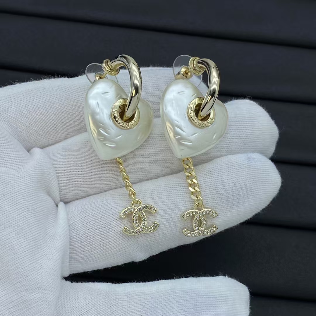 Replica Chanel Hoop with Heart Chain Double C Drop Earrings