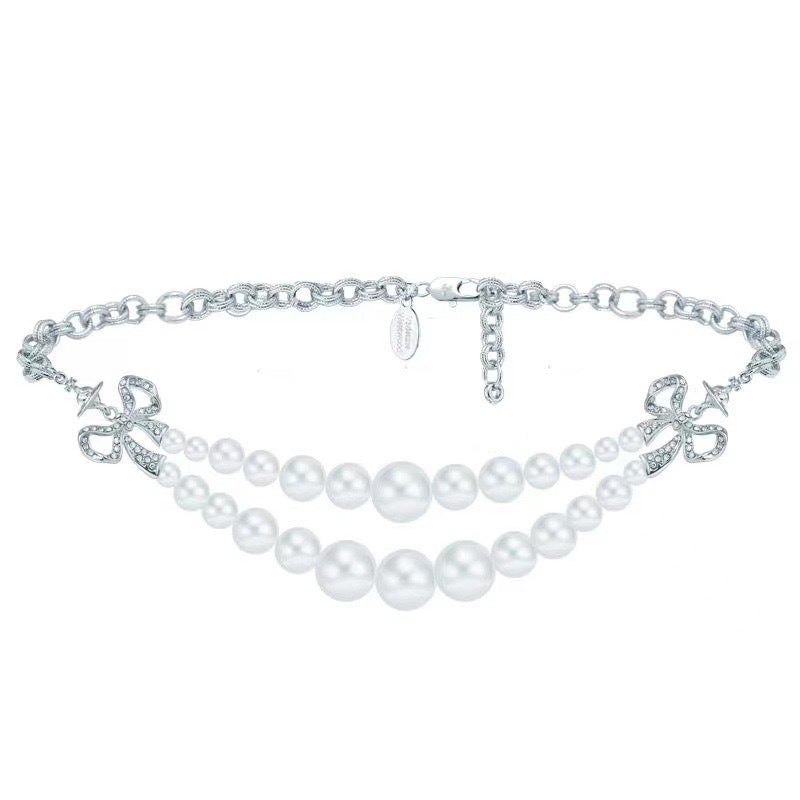 Replica Vivienne Westwood Bow Knot 2 Row Pearl Necklace