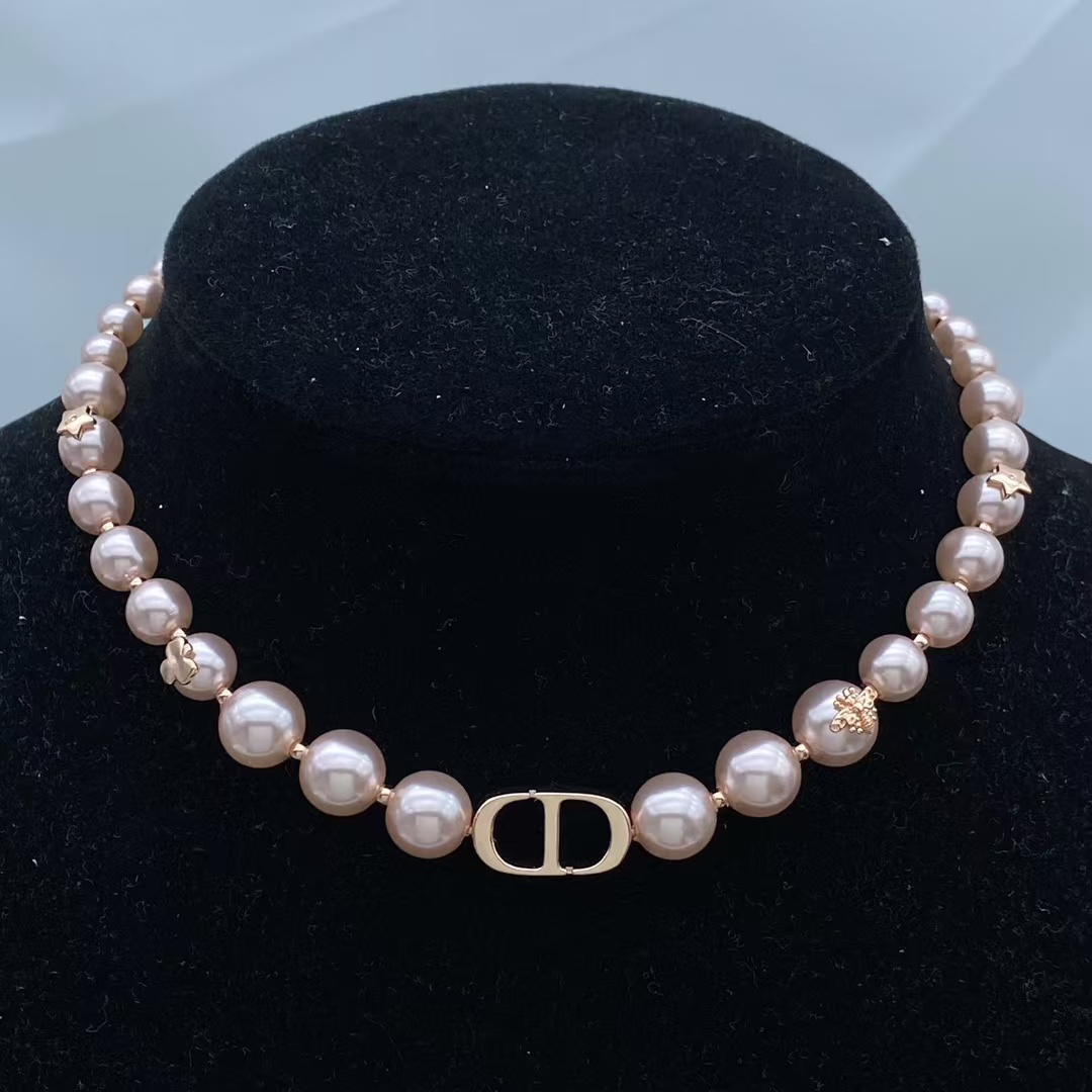 Replica Dior Rose Gold Bee Pink Pearl CD Necklace