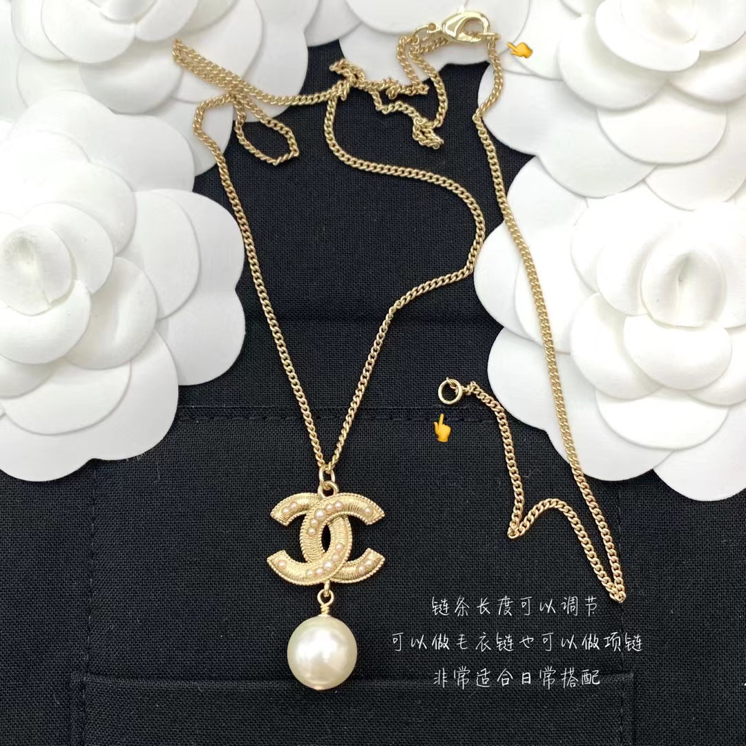 Replica Chanel Sweater Double C Pearl Dangle Necklace