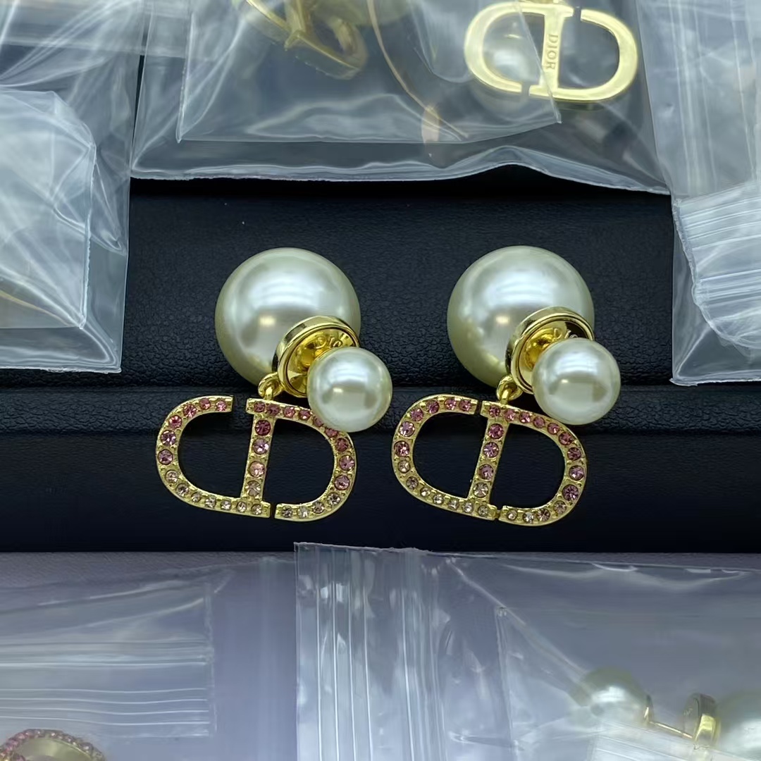 Replica Dior Multi Color Diamond Paved CD Pearl Earrings