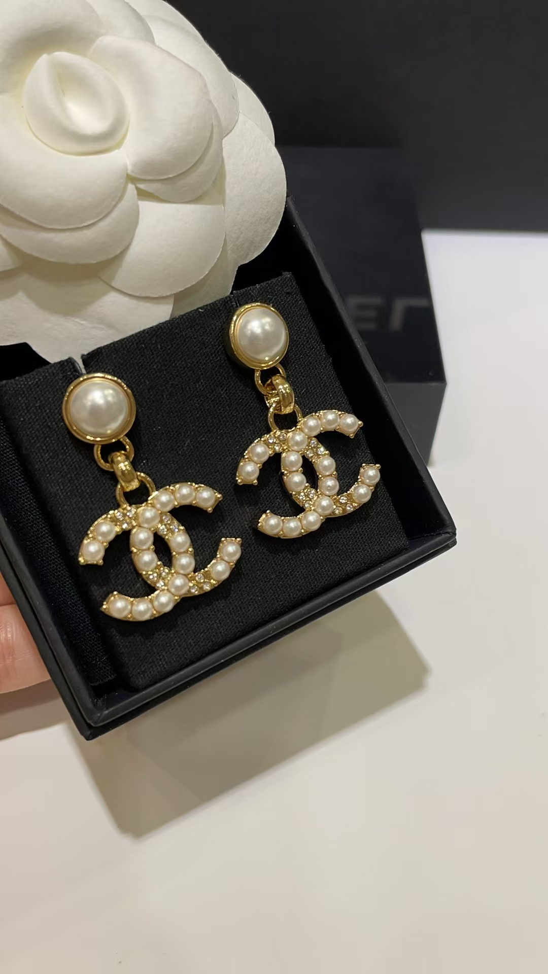 Replica Chanel Pearl Paved Double C Earrings