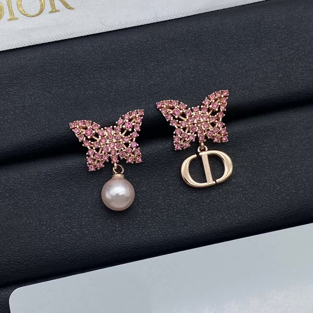 Replica Dior Asymmetric Rose Gold-Finish Pink Butterfly Earrings