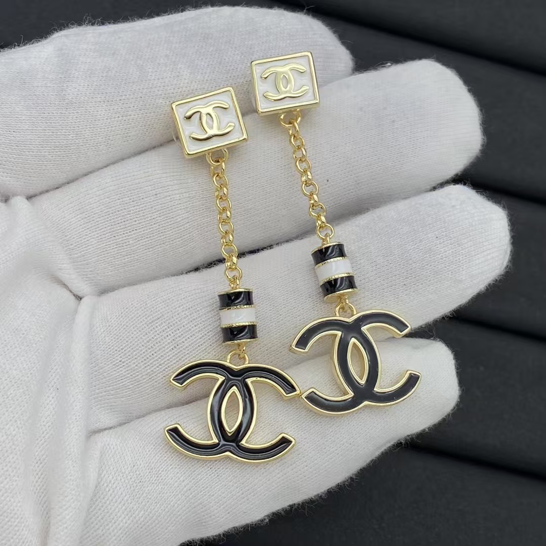 Replica Chanel Black White Enamel Chain Tassel with Double C Earrings
