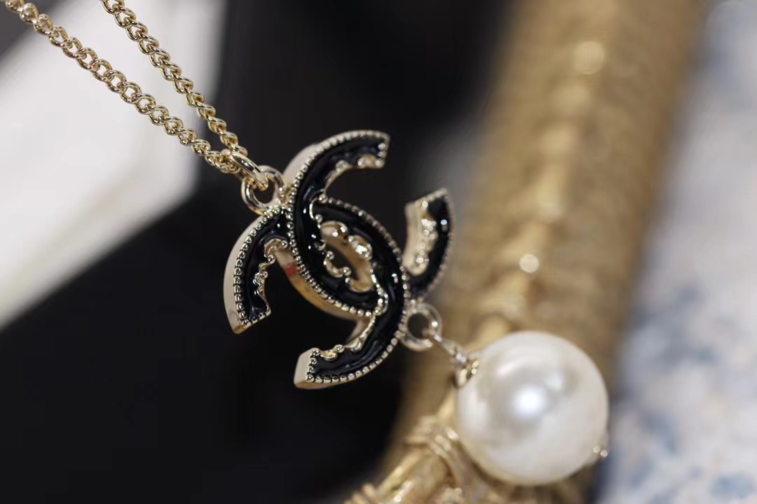 Replica Chanel Black Double C Pearl Drop Pendant Necklace