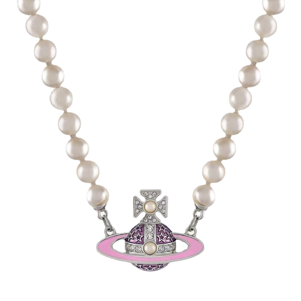 Replica Vivienne Westwood Pink Flat Saturn Pendant Pearl Necklace