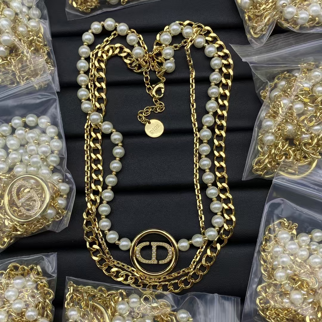Replica Dior Three Layer Pearl and Cuban Chain Stacked Necklace