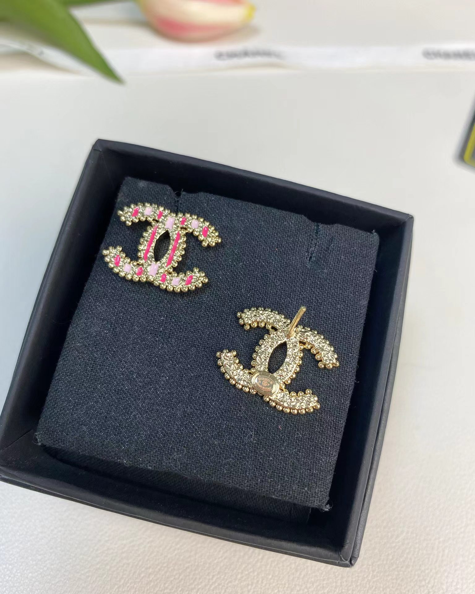 Replica Chanel Enamel Pink Double C Earrings