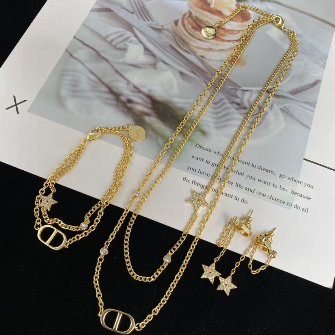 Replica Dior Two Layers Star CD Necklace Bracelet Earrings