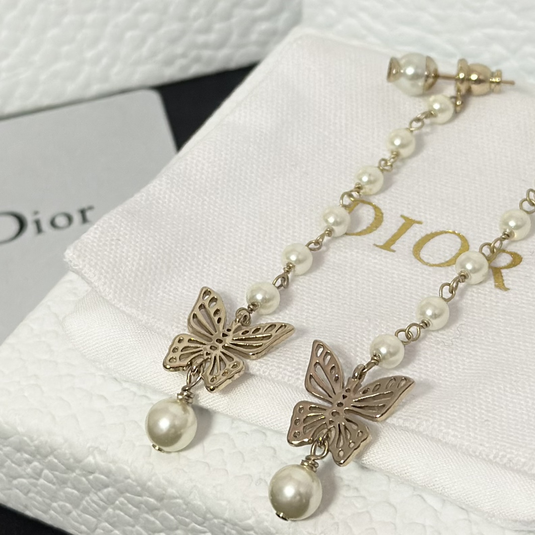 Replica Dior Long Tassel Butterfly Dangle Pearl Earrings