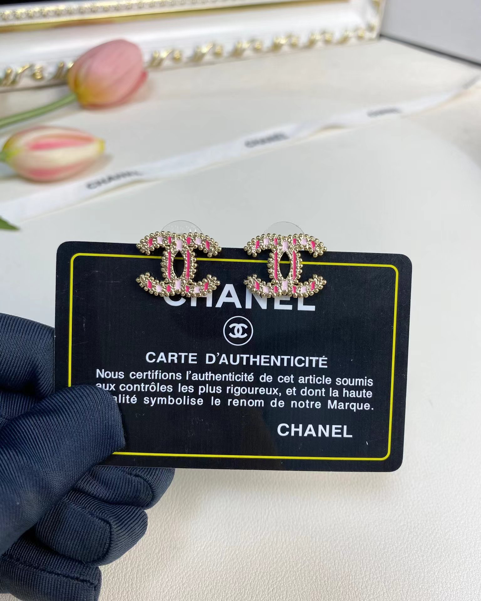 Replica Chanel Enamel Pink Double C Earrings