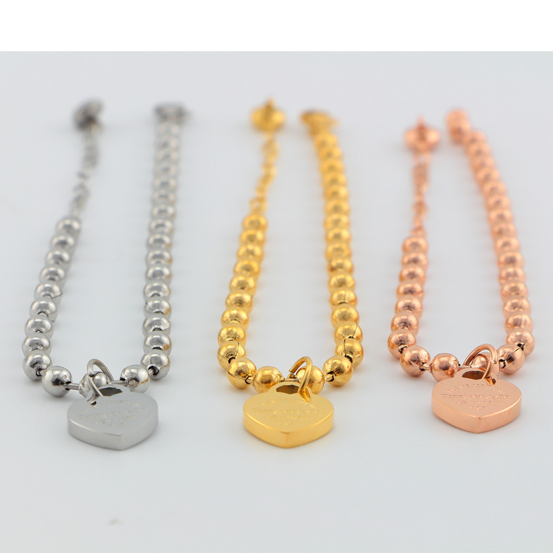 Replica Tiffany heart pendant bead bracelet plated with 18k rose gold European and American bracelet for girls