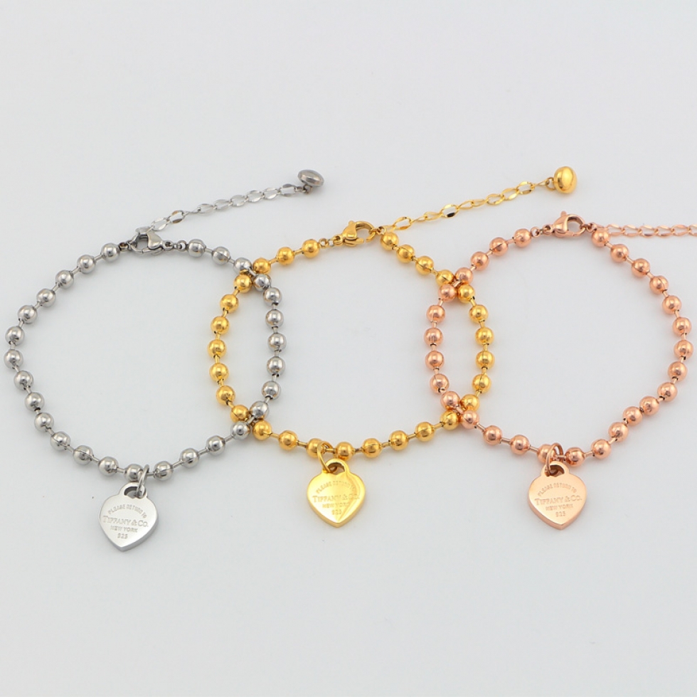 Replica Tiffany heart pendant bead bracelet plated with 18k rose gold European and American bracelet for girls
