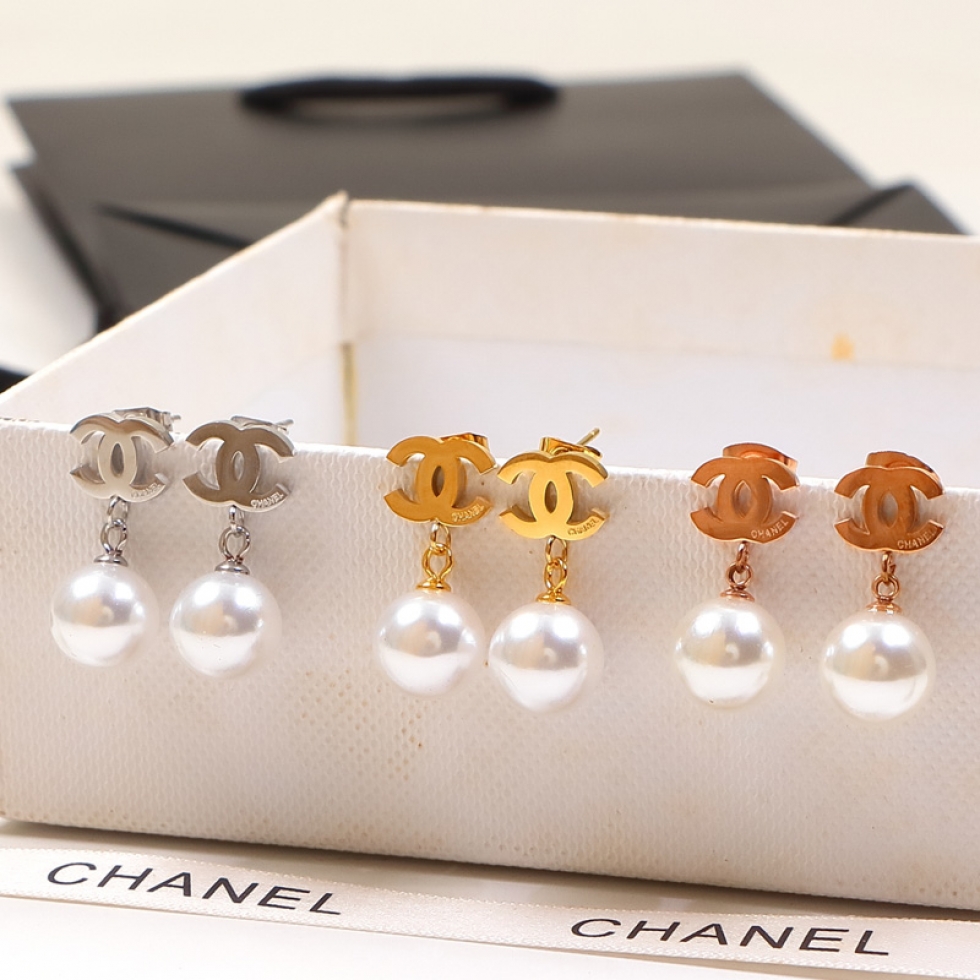 Replica Chanel double C letter pearl pendant earrings