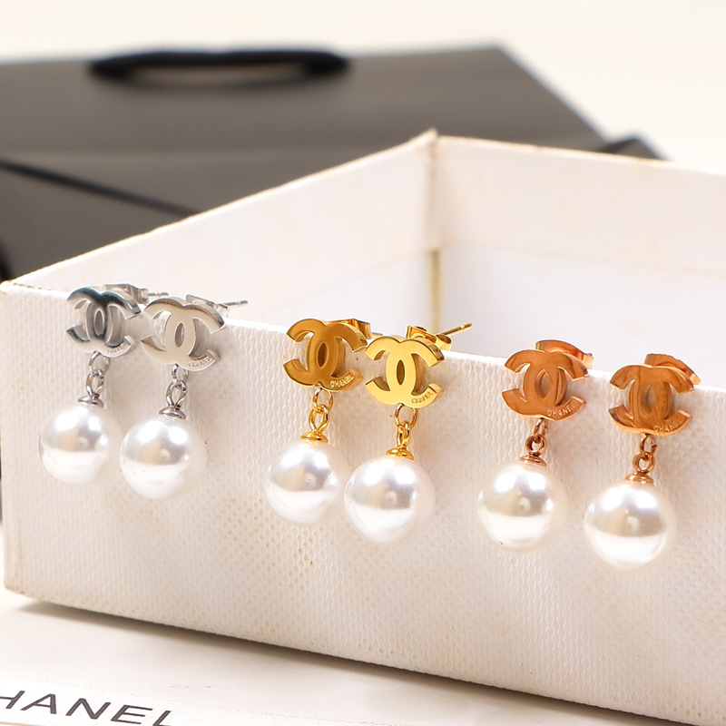 Replica Chanel double C letter pearl pendant earrings