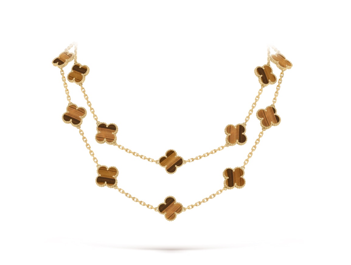 Replica Van Cleef & Arpels Vintage Alhambra Long Necklace, 20 Motifs Tiger Eye